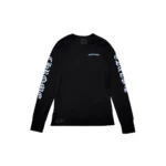 Chrome Hearts black waffle thermal tee with blue scroll sleeve branding, front view