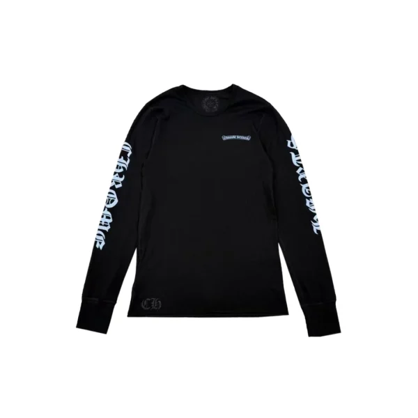 Chrome Hearts black waffle thermal tee with blue scroll sleeve branding, front view