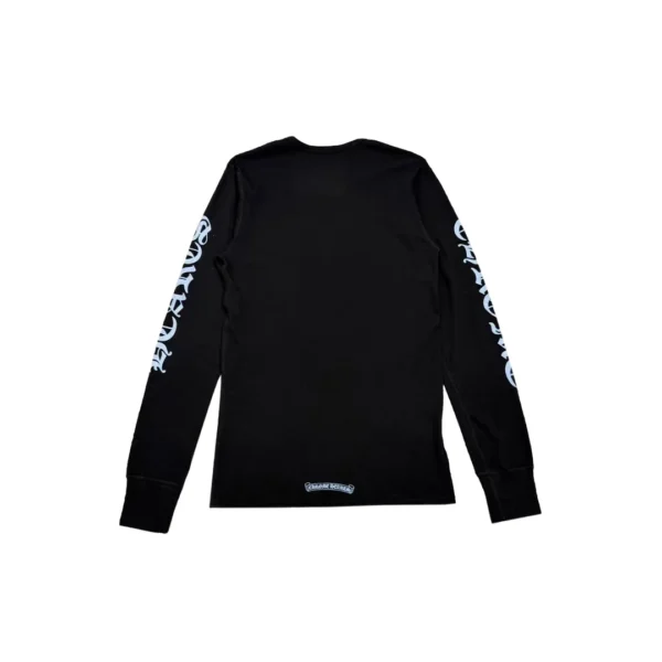 Chrome Hearts black waffle thermal tee with blue scroll sleeve branding, back view