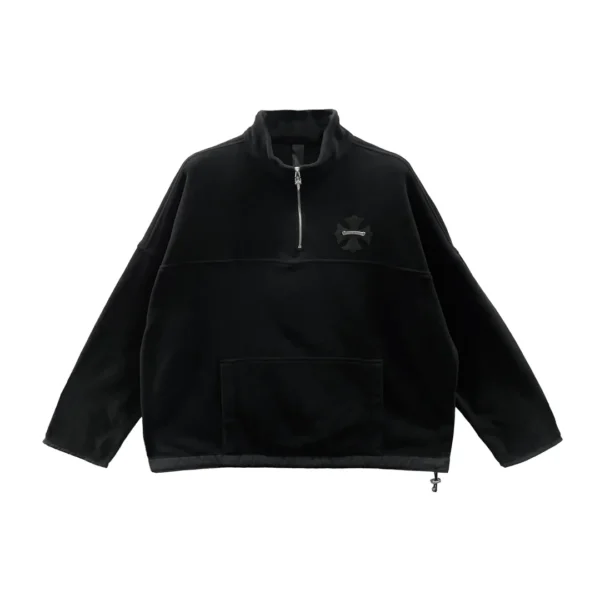 Chrome Hearts Scroll Cross half zip fleece sweatshirt front view showing black body and chest leather patch
