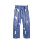 Chrome Hearts blue denim jeans with silver leather cross patches, front view