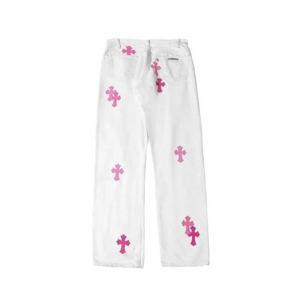 Chrome Hearts white denim jeans with pink leather cross patches, back view