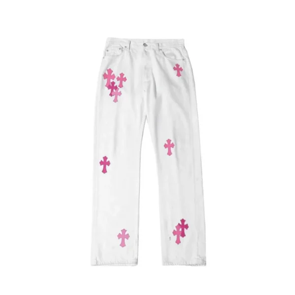 Chrome Hearts white denim jeans with pink leather cross patches, front view