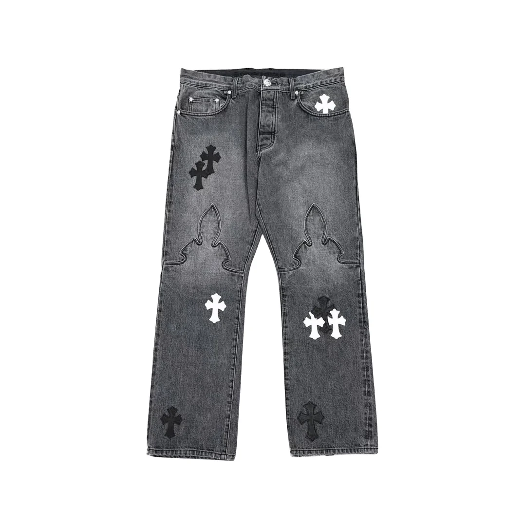 chrome-hearts-grey-black-white-cross-patch-fleur-knee-jeans-front.jpg Chrome Hearts grey washed denim jeans with black and white leather cross patches, front view