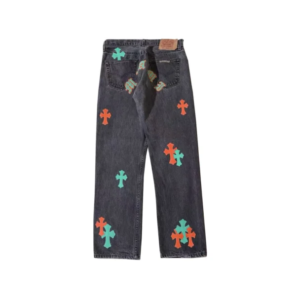 Chrome Hearts grey denim jeans with embroidered Miami lettering and cross patches, back view