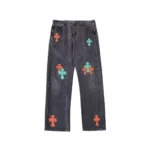 Chrome Hearts grey denim jeans with orange and green Miami cross patches, front view
