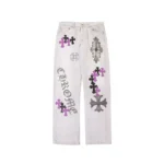 Chrome Hearts washed grey denim jeans with purple leather cross patches, front view