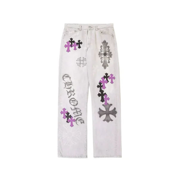 Chrome Hearts washed grey denim jeans with purple leather cross patches, front view