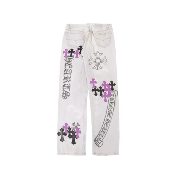 Chrome Hearts washed grey denim jeans with purple leather cross patches, back view