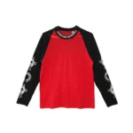 Chrome Hearts black long sleeve tee with red horseshoe cross graphic, front view