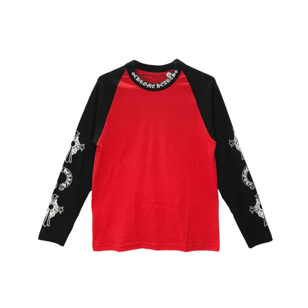 chrome-hearts-black-red-horseshoe-cross-long-sleeve-tee-front.jpg Chrome Hearts black long sleeve tee with red horseshoe cross graphic, front view